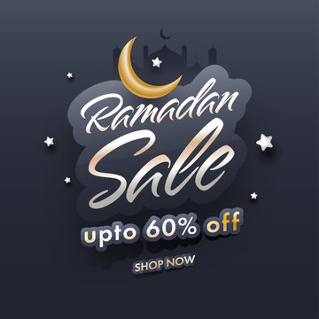 Ramdan Sale Concept With Crescent Moon On Grey Background. Islamic Holy Month Of Prayers Concept.