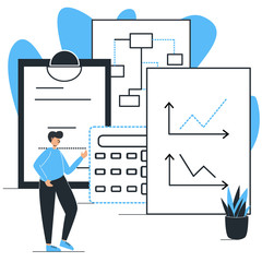 Boy is standing near huge stationery. Online store vector illustration.