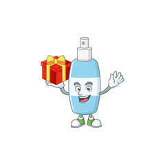 Fototapeta premium Charming spray hand sanitizer mascot design has a red box of gift
