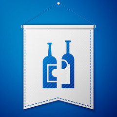 Blue Bottles of wine icon isolated on blue background. White pennant template. Vector Illustration