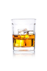 Glass of whiskey on white background.
