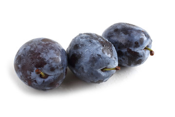 Black plums isolated on white