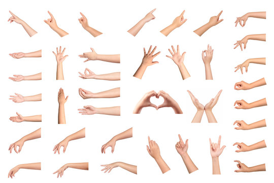 Collection of  woman hand gestures isolated on white background.