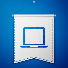 Blue Laptop icon isolated on blue background. Computer notebook with empty screen sign. White pennant template. Vector Illustration