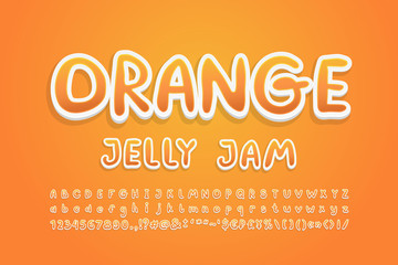 Cartoon Alphabet sweet orange fruit colors. Bright handwritten font, 3d sticker style, uppercase and lowercase letters, numbers. Vector illustration