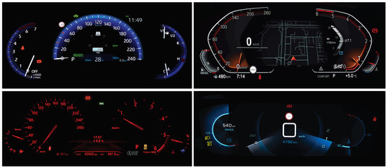 Vector car dashboards collage. Four different types of full digital car cluster. Instrument panel with speedometer, tachometer, odometer, fuel gauge, oil temperature gauge and seat belt reminder.