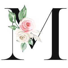 Wedding monogram art, letter M with watercolor flowers roses and leaves. Hand drawing floral initial perfectly for wedding invitation, greeting card and other design. 