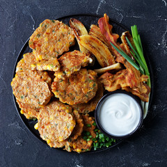 sweet corn cottage cheese pancakes, flat lay