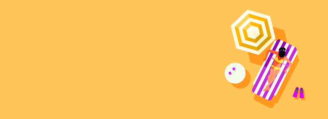 Summer vacation with young girl on a deck chair, a parasol and fins for swimming on yellow background. Top view, flat lay style © Shi 