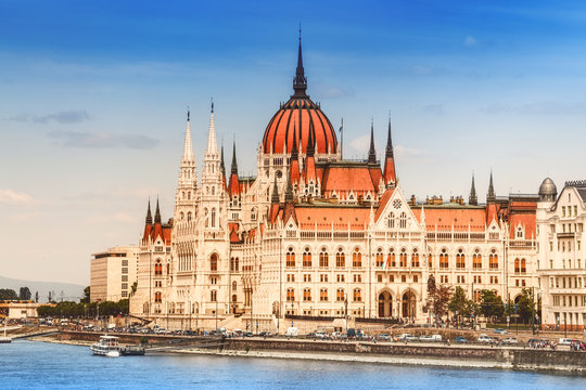 The famous Parliament building is the main attraction of the Hungarian capital Budapest. European tourism and politics concept