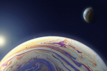 A new planet on the background of a star and a natural satellite. The concept of discovering new...
