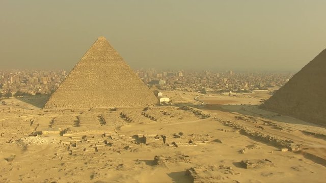 Helicopter view of the famous 3 Giza pyramids in Egypt. 
