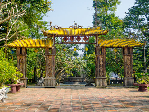 Hue, Vietnam - September 13 2017: Old enter of an arch with a yellow roof, in Hue Vietnam