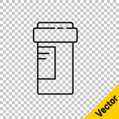 Black line Medicine bottle icon isolated on transparent background. Bottle pill sign. Pharmacy design. Vector Illustration