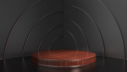 3d rendering of luxury wood podium for product dispaly on black background with copper line, abstract minimal concept, elegant minimalist classic mockup