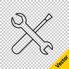 Black line Screwdriver and wrench spanner tools icon isolated on transparent background. Service tool symbol. Vector Illustration