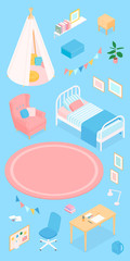 Set of isometric furniture and accessories. Vector collection. Illustration in flat design.