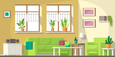Living room with furniture and utensils. Vector illustration with separate layers.