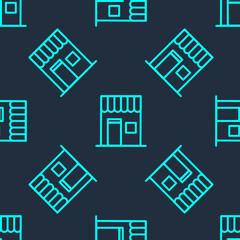 Green line Coffee shop icon isolated seamless pattern on blue background. Vector Illustration