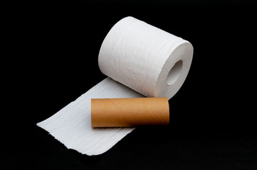 Single roll of unrolled white toilet paper and paper core tube. Isolated on black background. Close-up. Copy space. Horizontal shot.
