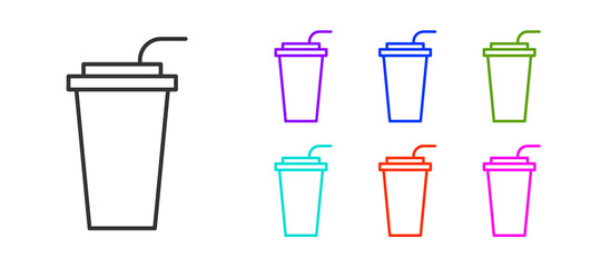 Black line Paper glass with drinking straw and water icon isolated on white background. Soda drink glass. Fresh cold beverage symbol. Set icons colorful. Vector Illustration