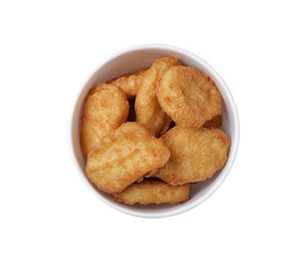 Bucket with tasty chicken nuggets isolated on white, top view