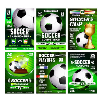 Soccer Sport Event Flyer Promo Posters Set Vector. Soccer Ball And Golden Cup. Announcement Of Federation Internationale Football Association Sportive Game Concept Template Illustrations