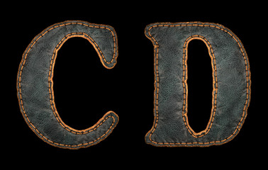 Set of leather letters C, D uppercase. 3D render font with skin texture isolated on black background.