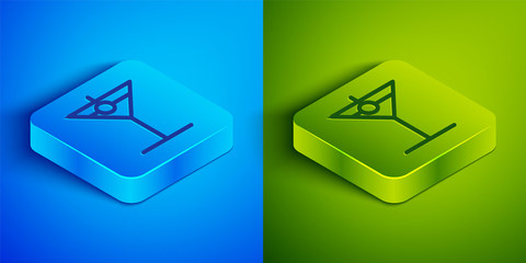 Isometric line Martini glass icon isolated on blue and green background. Cocktail icon. Wine glass icon. Square button. Vector Illustration