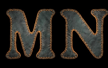 Set of leather letters M, N uppercase. 3D render font with skin texture isolated on black background.