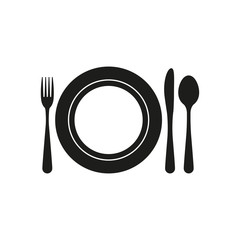 Plate with Cutlery. Plate, fork, knife, spoon. Simple vector illustration