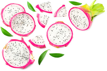 Sliced Ripe Dragon fruit isolated on white background. Pitaya or Pitahaya. Top View