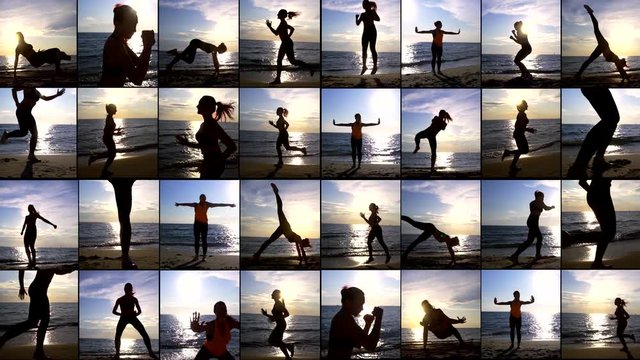 multi-shot of a slender girl who is engaged in sports on the beach by the sea, against the sun. She's wearing a one-piece swimsuit. She runs, does squats, lunges, and a bunch of other exercises.