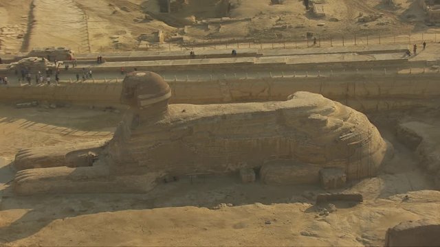 Helicopter view of the famous Great Sphinx of Giza in Egypt.