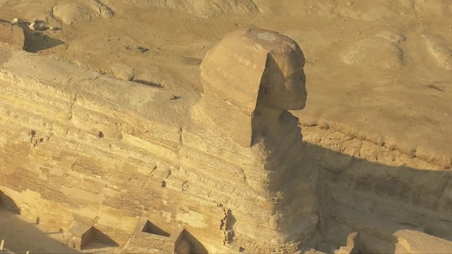Helicopter view of the famous Great Sphinx of Giza in Egypt.