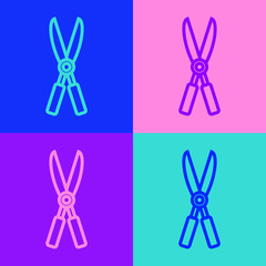 Pop art line Gardening handmade scissors for trimming icon isolated on color background. Pruning shears with wooden handles. Vector Illustration