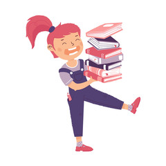 Girl carries stack of books. Female character holding pile of book. The concept of training, education, literary festival