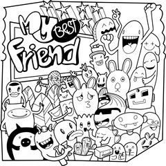 Cartoon cute monsters, monster party card design vector illustration, hand drawn