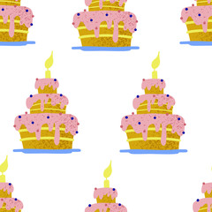 Vector seamless pattern with birthday elements on white background. Party elements, balloons, cake and capcakes, gift box, party hat, flag. For greeting card, design, print, wrapping paper and posters