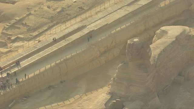 Helicopter view of the famous Great Sphinx of Giza in Egypt.