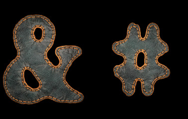 Set of symbols ampersand and hash made of leather. 3D render font with skin texture isolated on black background.