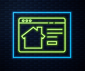 Glowing neon line Online real estate house in browser icon isolated on brick wall background. Home loan concept, rent, buy, buying a property. Vector Illustration