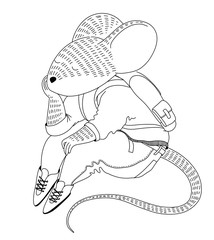 Digital black and white illustartion for color book. A mouse in a sweater and jeans with backpack is siting and dreaming
