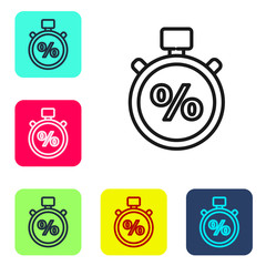 Black line Stopwatch and percent icon isolated on white background. Time timer sign. Set icons in color square buttons. Vector Illustration