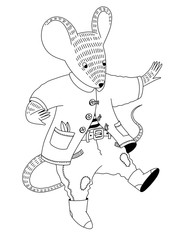 Digital black and white illustartion for color book. A mouse in a coat and boots jumps