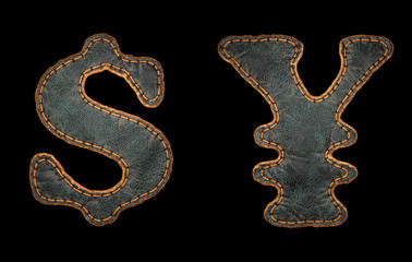 Set of symbols dollar and yen made of leather. 3D render font with skin texture isolated on black background.