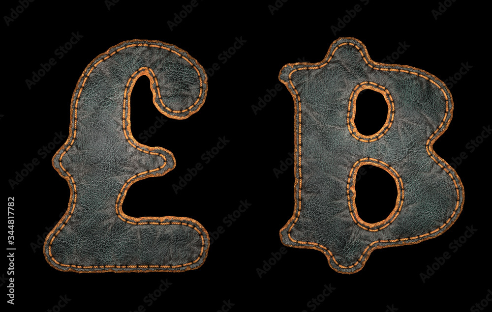 Fototapete set of symbols lira and baht made of leather. 3d render font with skin texture isolated on black bac