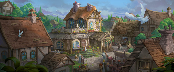 Een illustratie van het kleine middeleeuwse fantasietuinhuis in een stad.