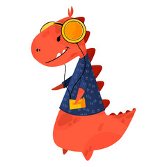 Cute little dinosaur is listening to music. Cartoon vector illustration.