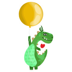 Cute little monster dinosaur flies on a ball. Cartoon vector illustration.